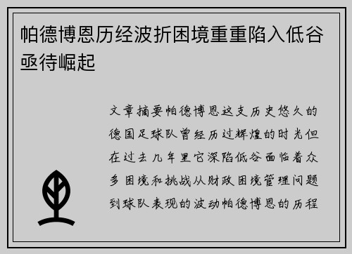 帕德博恩历经波折困境重重陷入低谷亟待崛起