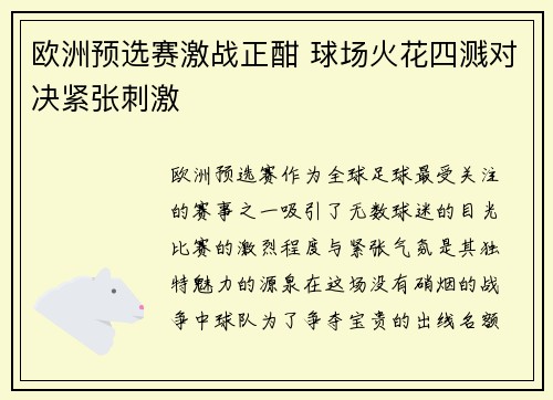 欧洲预选赛激战正酣 球场火花四溅对决紧张刺激