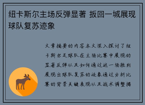 纽卡斯尔主场反弹显著 扳回一城展现球队复苏迹象