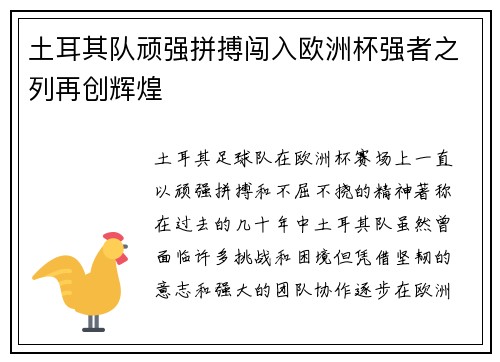 土耳其队顽强拼搏闯入欧洲杯强者之列再创辉煌