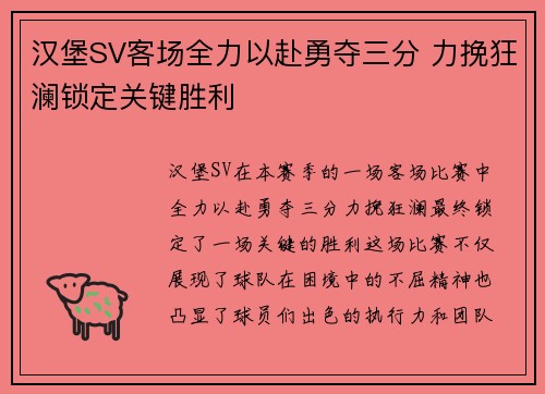 汉堡SV客场全力以赴勇夺三分 力挽狂澜锁定关键胜利