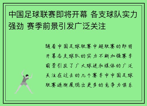 中国足球联赛即将开幕 各支球队实力强劲 赛季前景引发广泛关注