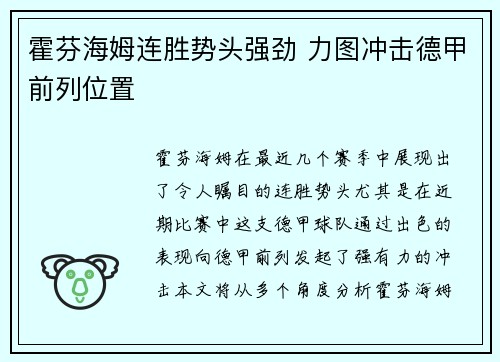 霍芬海姆连胜势头强劲 力图冲击德甲前列位置